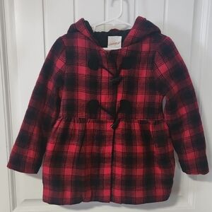 Cat & Jack Red and Black Plaid Hooded Pea Coat With Toggles 5T